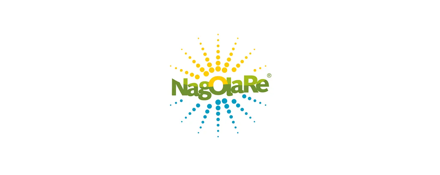 Logo Nagolare: Schriftzug NagOlaRe in Grün und Gelb. Darüber und darunter stilisierte gepunktete Sonnenstrahlen in Geld und Blau.